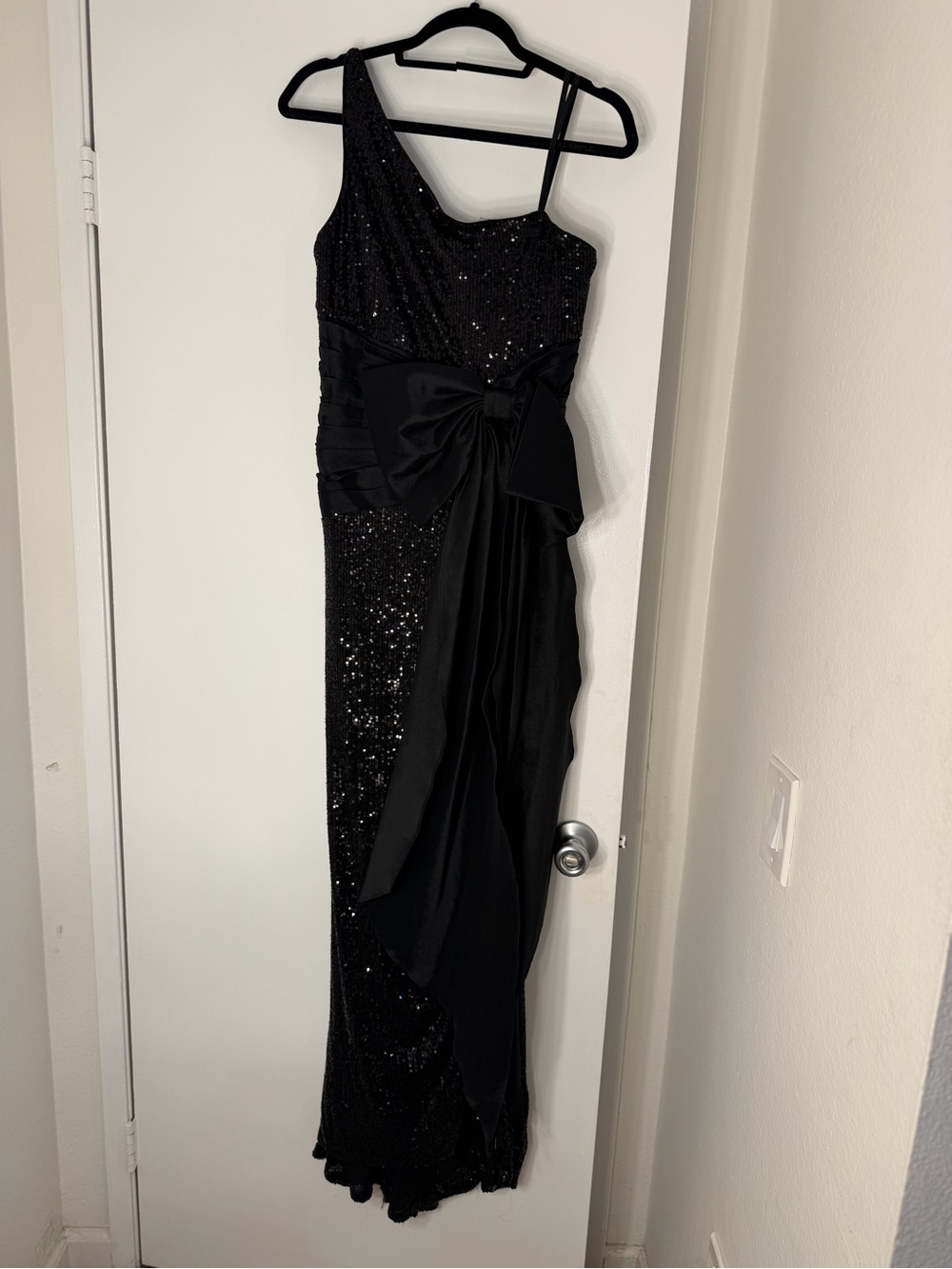 Eliza J Black One-Shoulder Sequin Gown with Bow Sash